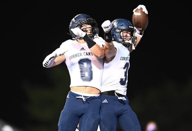 Noah Kjar (8) and two touchdown catches and Cody Hagen (3) one for Corner Canyon Friday night. 