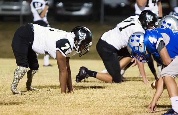Beggs defensive lineman Joe Martel plays during a junior varsity game against Haskell on Monday in Oklahoma.
