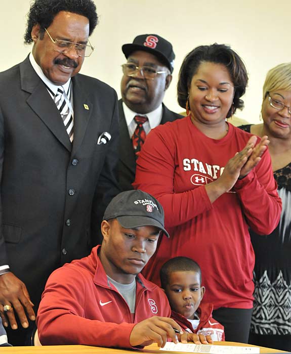 It was a proud day for the Sanders family, as Barry J. Sanders made a formal commitment to attend Stanford University in the fall. Sanders, seen here with his family, is part of a sensational Stanford recruiting class.