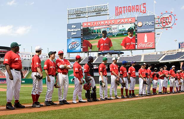 The Red Team lines up for the 2009 Congressional Bank Classic All-Star Game at Nationals Park.