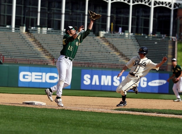 Birdville High's third baseman leaps for a throw during a 2009 game against Highland Park at Rangers Ballpark in Arlington.