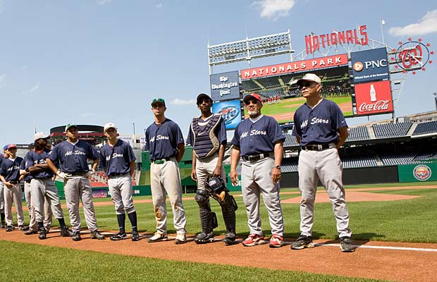 The Blue Team lines up for the 2009 Congressional Bank Classic All-Star Game at Nationals Park.