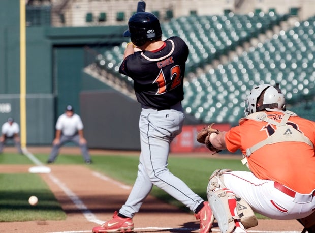 A hitter puts the ball in play during the 2009 MSABC Brooks Robinson All-Star Game at Oriole Park at Camden Yards.