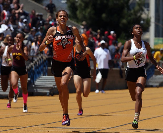 Kirsten Carter powers past Brianna Guillory to take the North Coast Section Meet of Champions' 400-meter title May 30 at Edwards Stadium on the campus of Cal. 