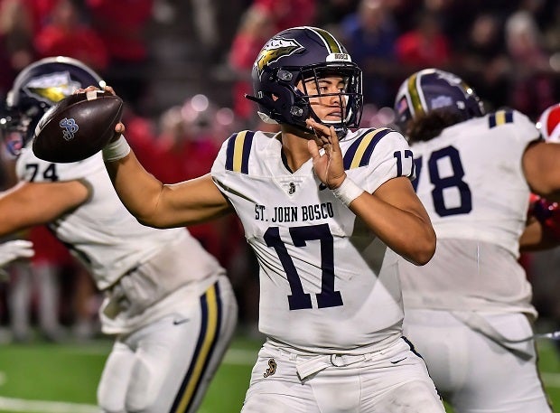 Caleb Sanchez came in at quarterback in the second half for St. John Bosco in the Braves' 17-7 loss to Mater Dei. He replaced Pierce Clarkson, who didn't play after halftime due to an injury.