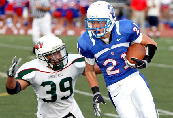 Cherry Creek's Conner Roach (21) tries to make a play this past season. Football is excluded from the CHSAA's proposed cuts.