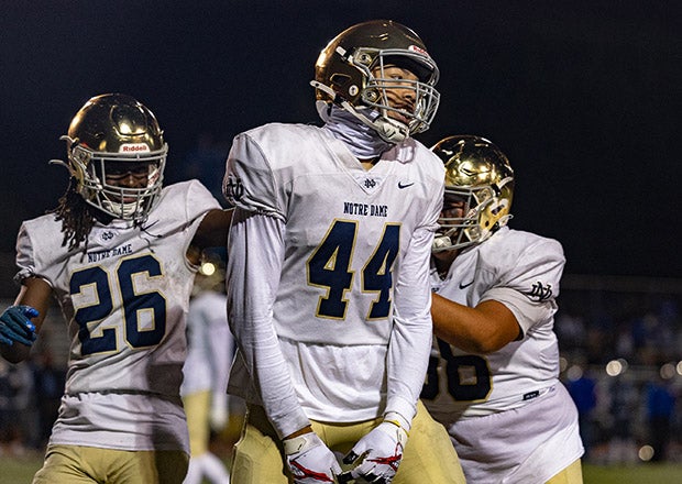Tyran Stokes celebrates his touchdown during a big win for Notre Dame on Friday night. (PHOTO: Greg Fiore)