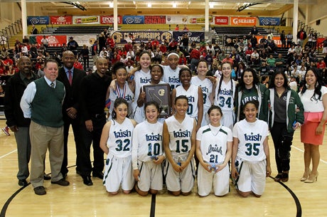 Sacred Heart Cathedral girls pose after winning the 2013 CIF Northern California Division III title at American Canyon High School.