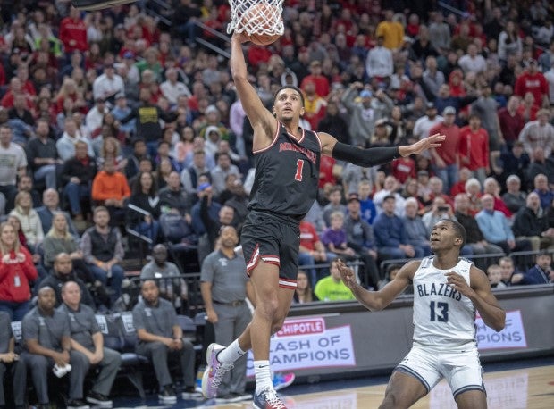 Jalen Suggs soars for a dunk during his senior year at Minnehaha Academy.