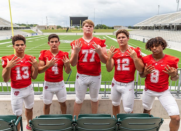 Katy players (left to right) Jordan Patrick, Kaden Gonzales, Cole Birmingham, Bronson McClelland and Jianni Angulo are hoping to add a ninth state championship to their school's trophy case.