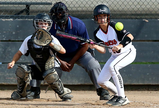 Bella Vista's (Calif.) Renee Cho squares to bunt during a softball game against Del Campo.