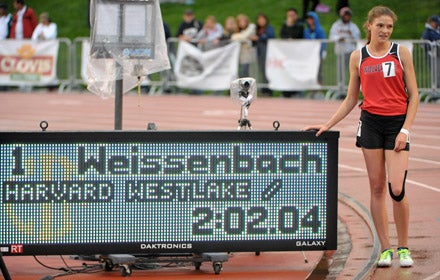 Amy Weissenbach, of Harvard-Westlake, moments after she broke the National Federated 800-meter record last season at Buchanan High School in Clovis.