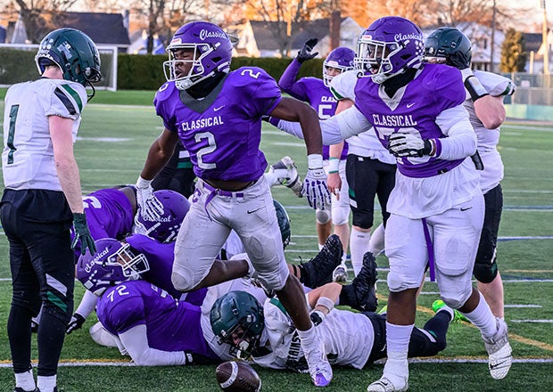 MaxPreps Rhode Island Player of the Year Jordan Duke celebrates after finding the end zone in the state championship game. (Photo: Mike Braca)