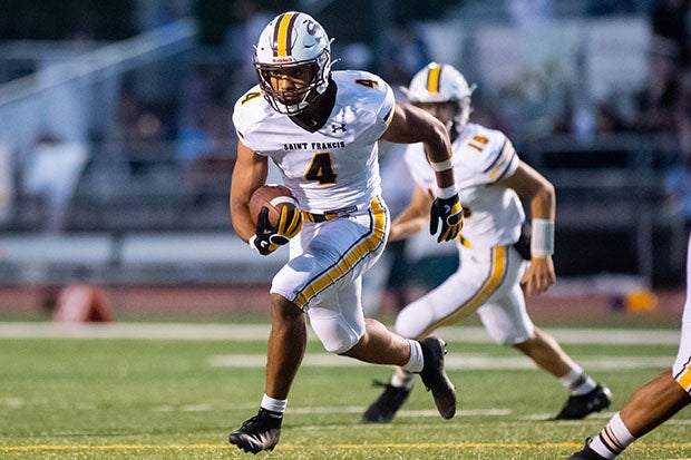 Saint Francis running back Viliami Teu, shown here in last week's win over Oak Grove, ran for 181 yards Friday night in his team's historic victory.