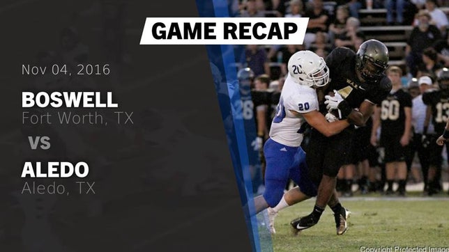 Watch this highlight video of the Boswell (Fort Worth, TX) football team in its game Recap: Boswell  vs. Aledo  2016 on Nov 4, 2016