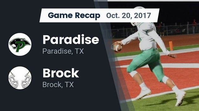 Watch this highlight video of the Paradise (TX) football team in its game Recap: Paradise  vs. Brock  2017 on Oct 20, 2017