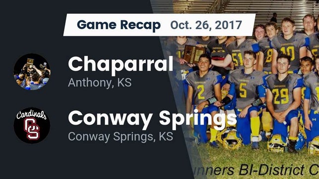 Watch this highlight video of the Anthony-Harper-Chaparral (Anthony, KS) football team in its game Recap: Chaparral  vs. Conway Springs  2017 on Oct 26, 2017