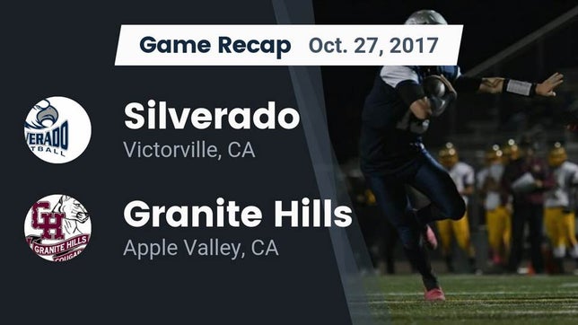 Watch this highlight video of the Silverado (Victorville, CA) football team in its game Recap: Silverado  vs. Granite Hills  2017 on Oct 27, 2017