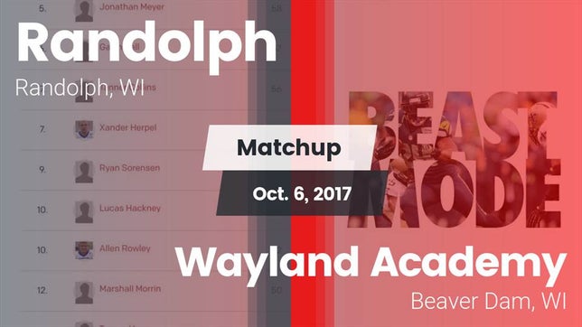 Watch this highlight video of the Randolph (WI) football team in its game Matchup: Randolph  vs. Wayland Academy  2017 on Oct 6, 2017
