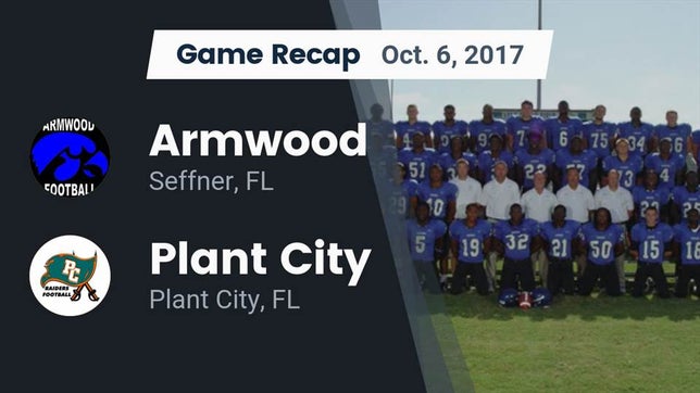 Watch this highlight video of the Armwood (Seffner, FL) football team in its game Recap: Armwood  vs. Plant City  2017 on Oct 6, 2017