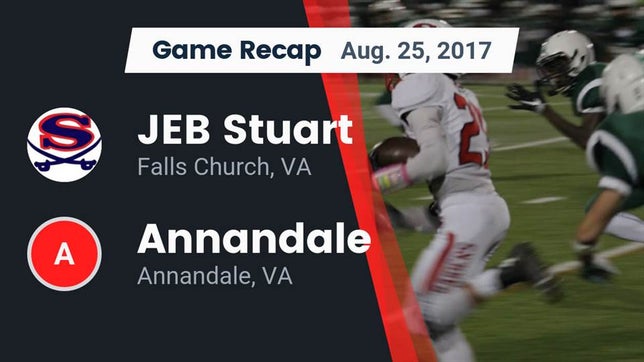 Watch this highlight video of the Justice (Falls Church, VA) football team in its game Recap: JEB Stuart  vs. Annandale  2017 on Aug 25, 2017