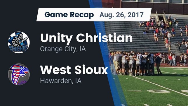 Watch this highlight video of the Unity Christian (Orange City, IA) football team in its game Recap: Unity Christian  vs. West Sioux  2017 on Aug 26, 2017