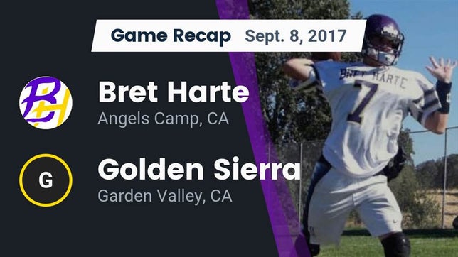 Watch this highlight video of the Bret Harte (Angels Camp, CA) football team in its game Recap: Bret Harte  vs. Golden Sierra  2017 on Sep 8, 2017