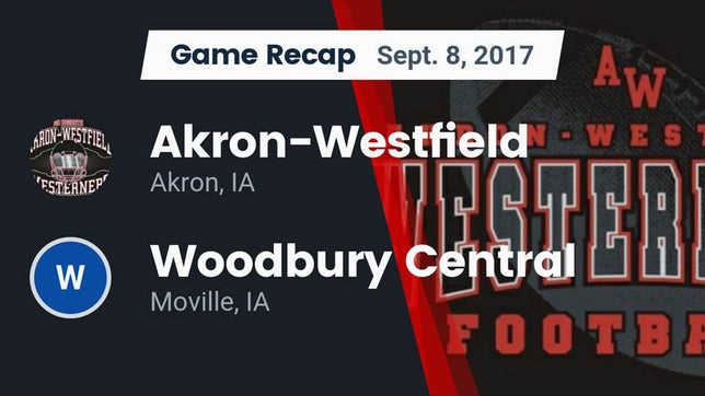 Watch this highlight video of the Akron-Westfield (Akron, IA) football team in its game Recap: Akron-Westfield  vs. Woodbury Central  2017 on Sep 8, 2017