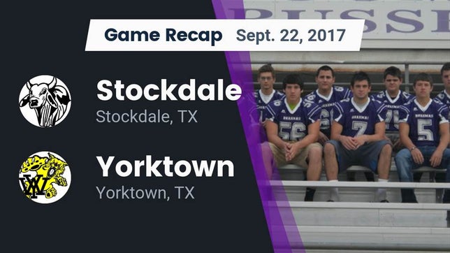 Watch this highlight video of the Stockdale (TX) football team in its game Recap: Stockdale  vs. Yorktown  2017 on Sep 22, 2017