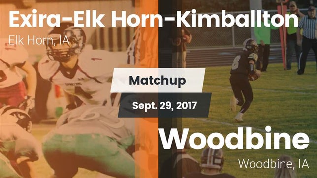 Watch this highlight video of the Exira-EHK (Elk Horn, IA) football team in its game Matchup: Exira-Elk Horn-Kimba vs. Woodbine  2017 on Sep 29, 2017