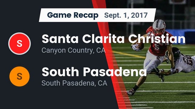 Watch this highlight video of the Santa Clarita Christian (Canyon Country, CA) football team in its game Recap: Santa Clarita Christian  vs. South Pasadena  2017 on Sep 1, 2017