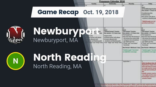 Watch this highlight video of the Newburyport (MA) football team in its game Recap: Newburyport  vs. North Reading  2018 on Oct 19, 2018