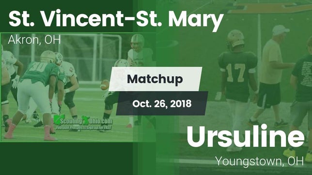 Watch this highlight video of the St. Vincent-St. Mary (Akron, OH) football team in its game Matchup: St. Vincent-St. Mary vs. Ursuline  2018 on Oct 26, 2018
