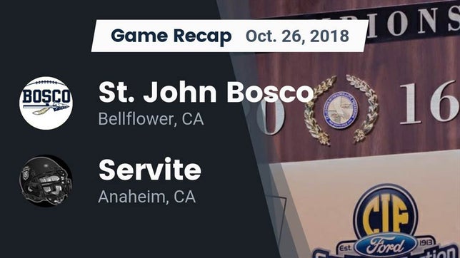 Watch this highlight video of the St. John Bosco (Bellflower, CA) football team in its game Recap: St. John Bosco  vs. Servite 2018 on Oct 26, 2018
