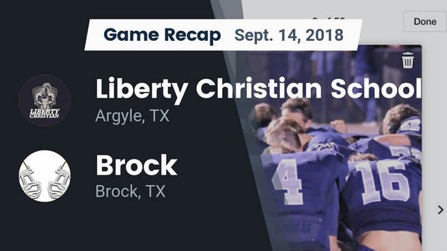 Watch this highlight video of the Liberty Christian (Argyle, TX) football team in its game Recap: Liberty Christian School  vs. Brock  2018 on Sep 14, 2018