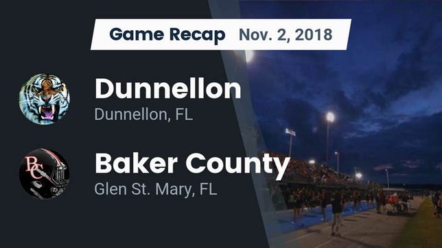 Watch this highlight video of the Dunnellon (FL) football team in its game Recap: Dunnellon  vs. Baker County  2018 on Nov 2, 2018