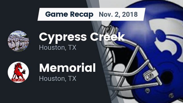 Watch this highlight video of the Cypress Creek (Houston, TX) football team in its game Recap: Cypress Creek  vs. Memorial  2018 on Nov 2, 2018