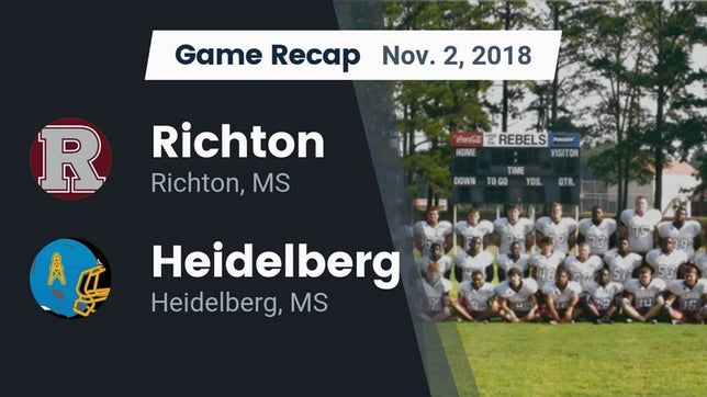 Watch this highlight video of the Richton (MS) football team in its game Recap: Richton  vs. Heidelberg  2018 on Oct 12, 2018