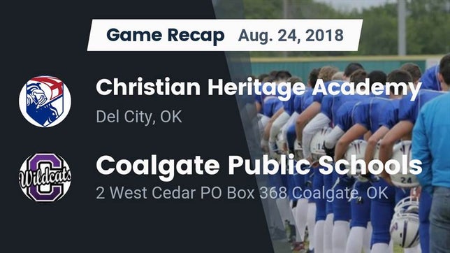 Watch this highlight video of the Christian Heritage (Del City, OK) football team in its game Recap: Christian Heritage Academy vs. Coalgate Public Schools 2018 on Aug 24, 2018