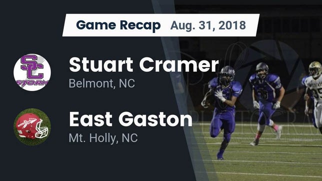 Watch this highlight video of the Cramer (Belmont, NC) football team in its game Recap: Stuart Cramer vs. East Gaston  2018 on Aug 31, 2018