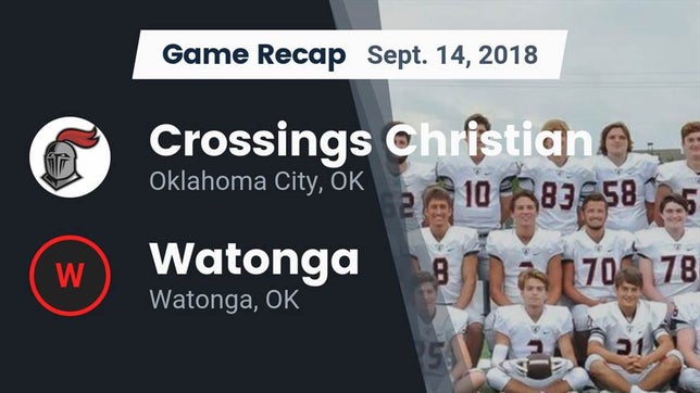 Watch this highlight video of the Crossings Christian (Oklahoma City, OK) football team in its game Recap: Crossings Christian  vs. Watonga  2018 on Sep 14, 2018