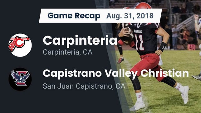 Watch this highlight video of the Carpinteria (CA) football team in its game Recap: Carpinteria  vs. Capistrano Valley Christian  2018 on Aug 31, 2018