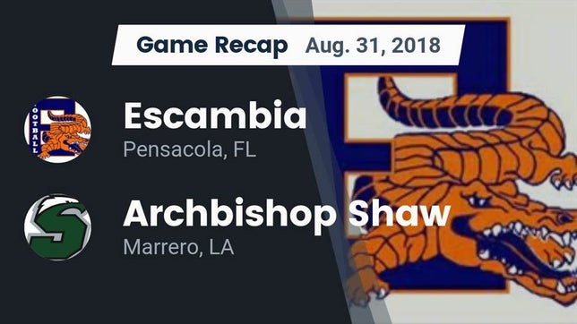 Watch this highlight video of the Escambia (Pensacola, FL) football team in its game Recap: Escambia  vs. Archbishop Shaw  2018 on Aug 31, 2018