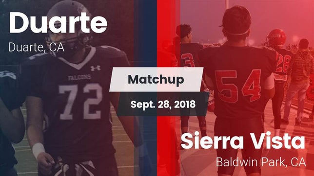 Watch this highlight video of the Duarte (CA) football team in its game Matchup: Duarte vs. Sierra Vista  2018 on Sep 28, 2018