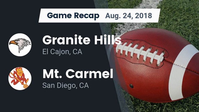 Watch this highlight video of the Granite Hills (El Cajon, CA) football team in its game Recap: Granite Hills  vs. Mt. Carmel  2018 on Aug 24, 2018