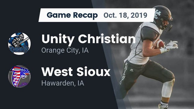 Watch this highlight video of the Unity Christian (Orange City, IA) football team in its game Recap: Unity Christian  vs. West Sioux  2019 on Oct 18, 2019