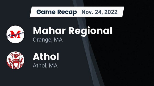 Watch this highlight video of the Mahar Regional (Orange, MA) football team in its game Recap: Mahar Regional  vs. Athol  2022 on Nov 24, 2022