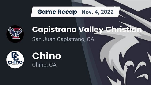 Watch this highlight video of the Capistrano Valley Christian (San Juan Capistrano, CA) football team in its game Recap: Capistrano Valley Christian  vs. Chino  2022 on Nov 4, 2022