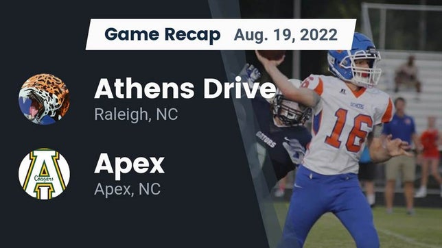 Watch this highlight video of the Athens Drive (Raleigh, NC) football team in its game Recap: Athens Drive  vs. Apex  2022 on Aug 19, 2022