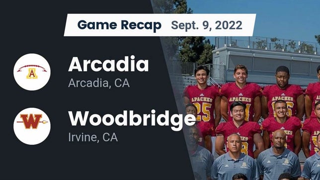 Watch this highlight video of the Arcadia (CA) football team in its game Recap: Arcadia  vs. Woodbridge  2022 on Sep 9, 2022